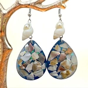 Blue and Cream Sea Shell Mosaic Teardrop Dangle Earrings
